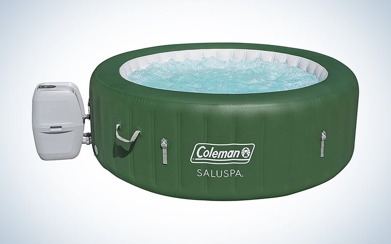 A green Coleman SaluSpa Inflatable Hot Tub on a blue and white background