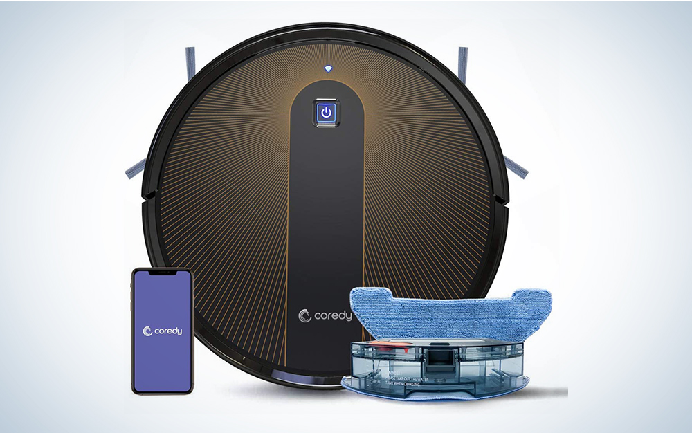 A Coredy combination mop and robot vacuum on a blue and white background