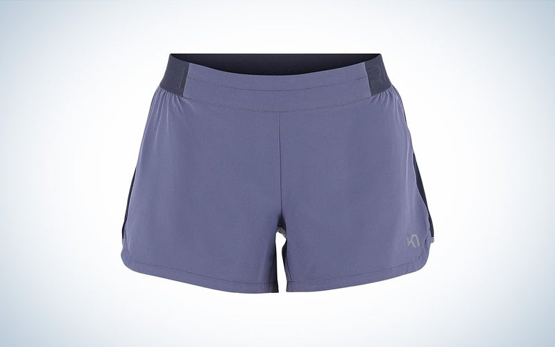 Lavender Kari Traa Nora 2 running shorts for women with a black waistband against a plain background.