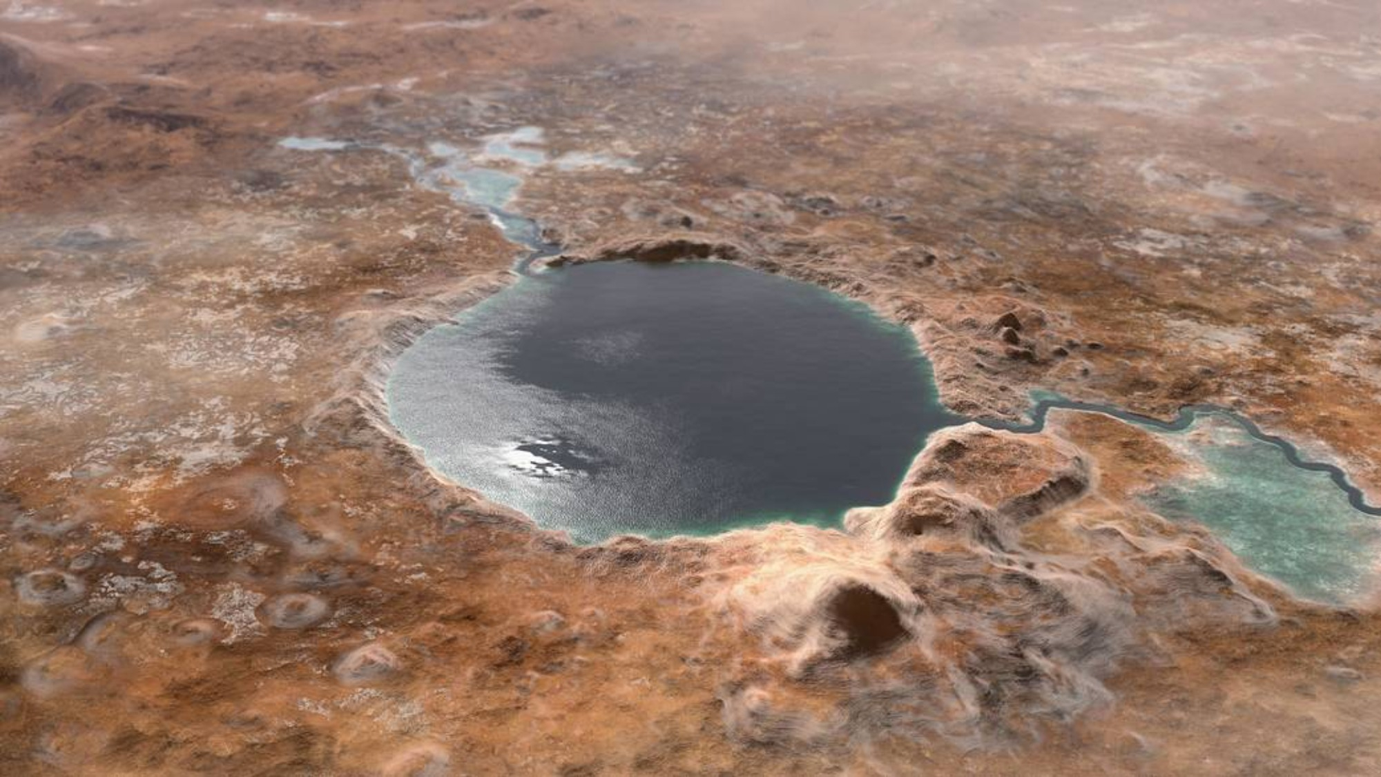 Jezero Crater as it may have looked billions of years go on when it was a Martian lake.
