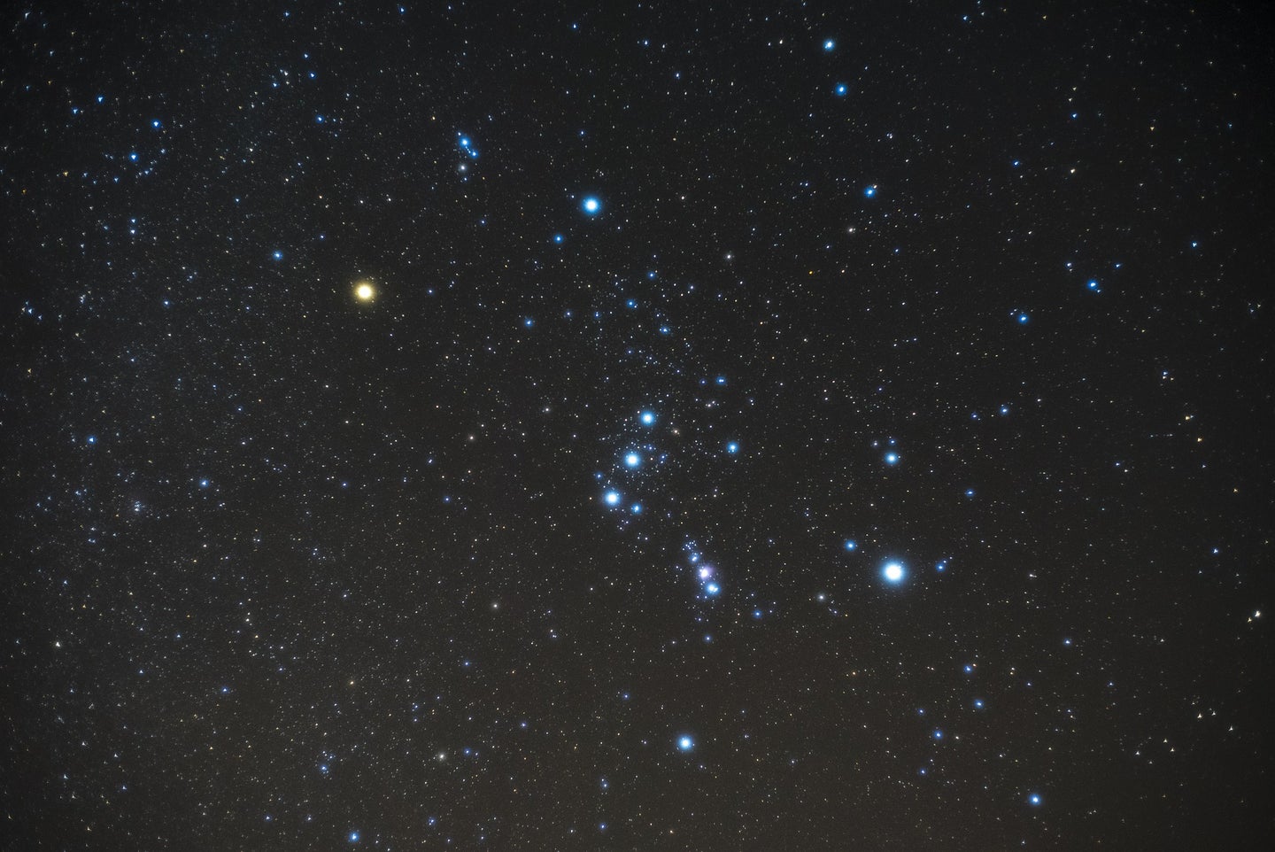 The constellation Orion, centered on the three bright stars of a belt.
