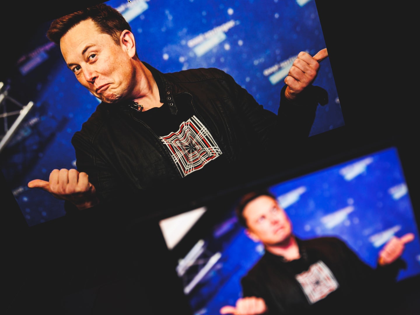Two photos of Elon Musk on smartphone screens