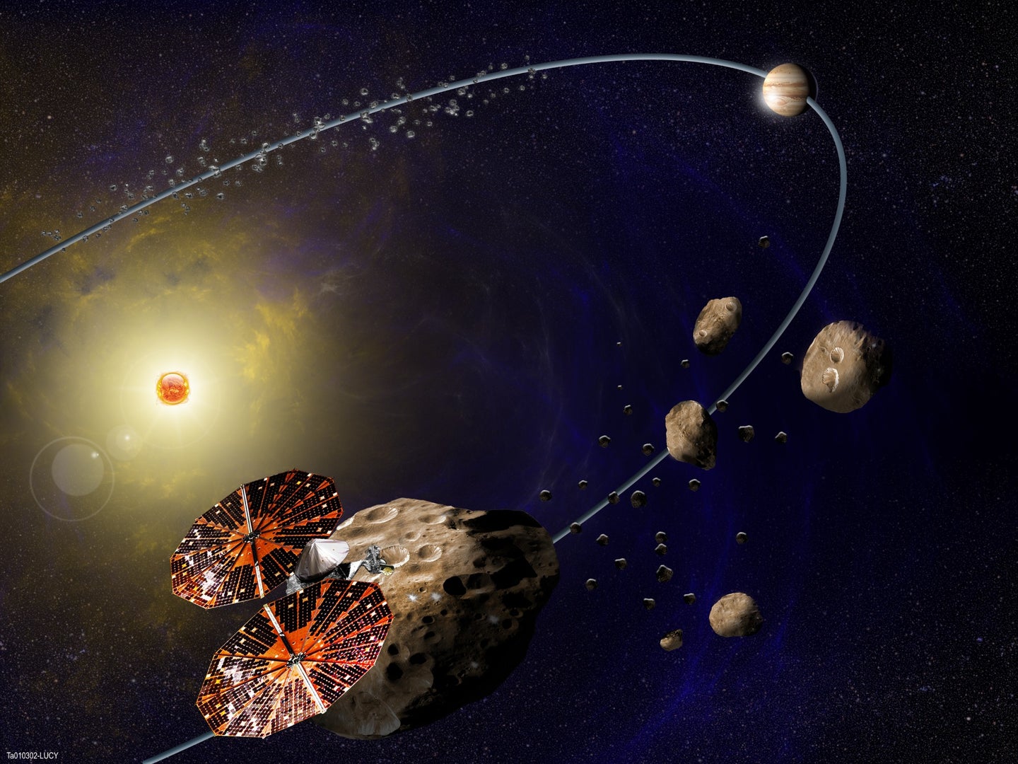 NASA asteroid probe Lucy flying through the solar system's asteroid belt in illustration