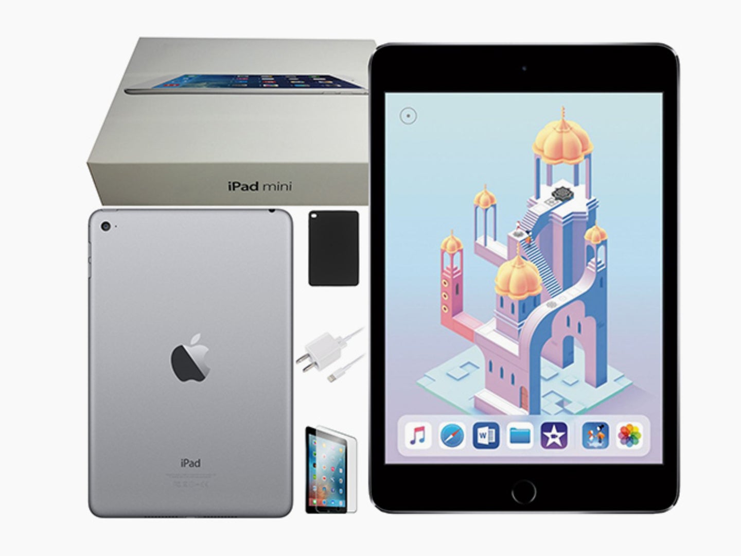 An iPad mini and accessories on a white background