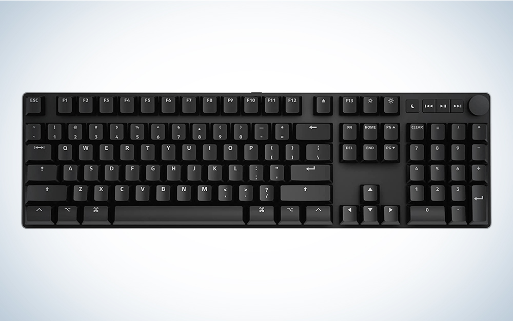 A Das MacTigr mechanical keyboard for Mac on a blue and white background