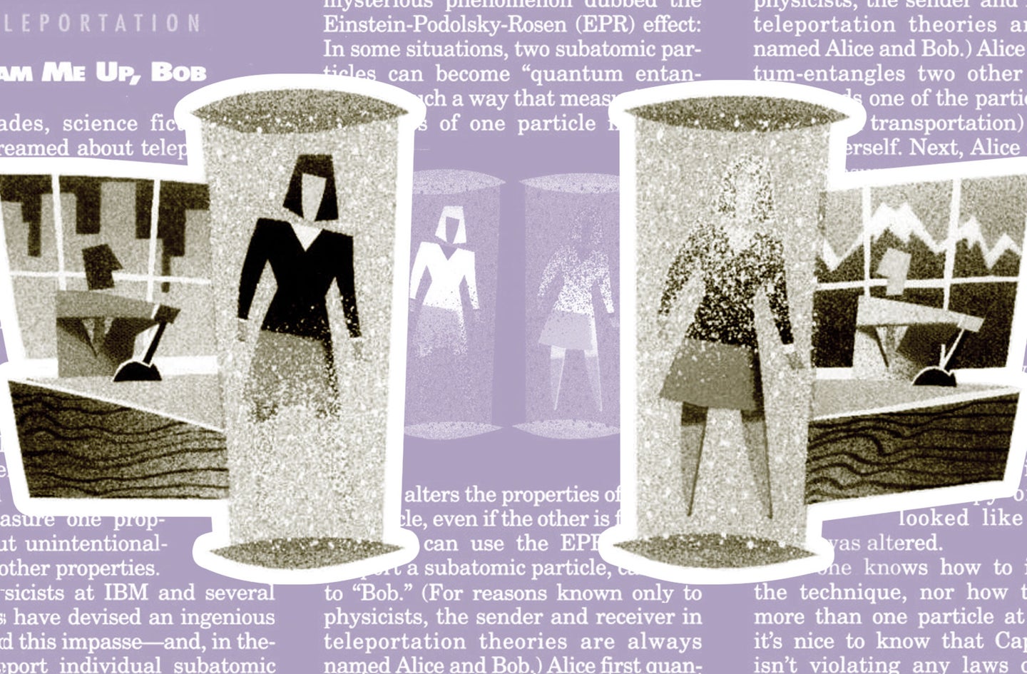 illustrations of a person being teleported in a 1960s style