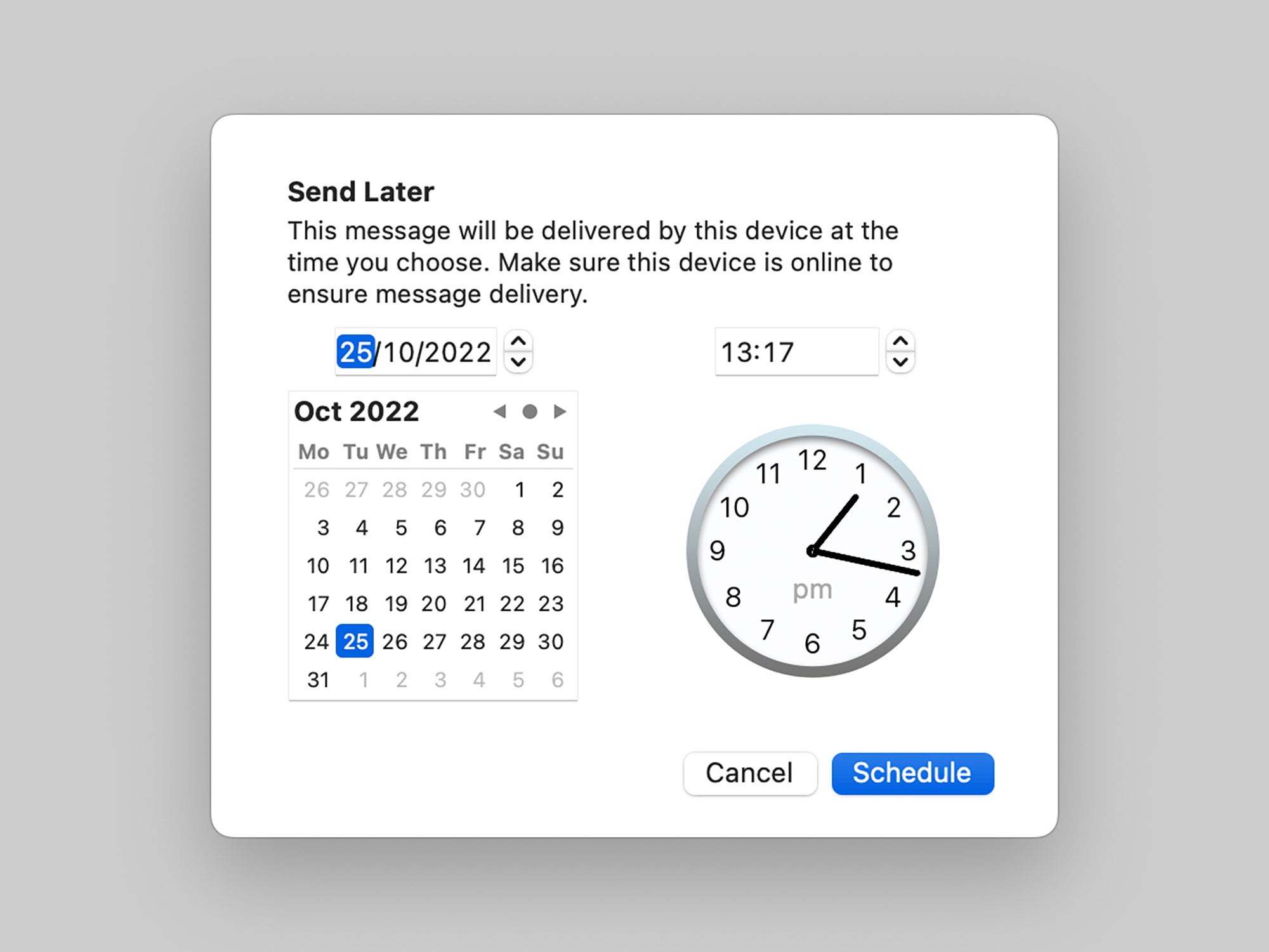 The Send Later feature in Apple Mail, new on macOS Ventura, showing a calendar and time for scheduling an email.
