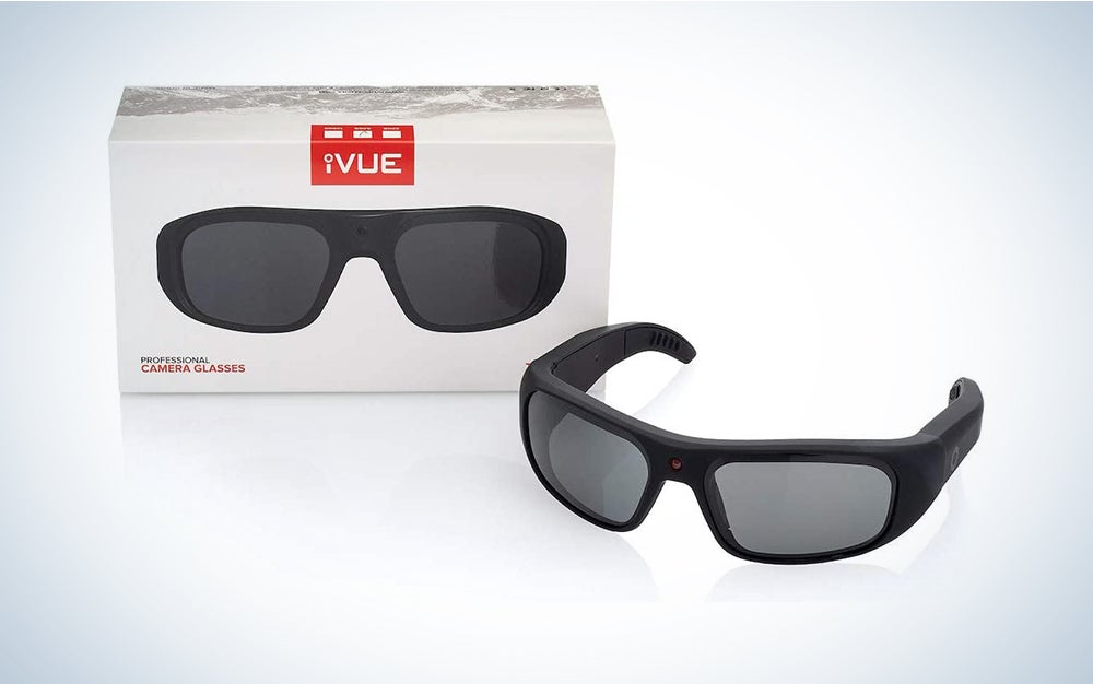 A pair of iVUE Vista 4K/1080P HD Camera Glasses on a blue and white background