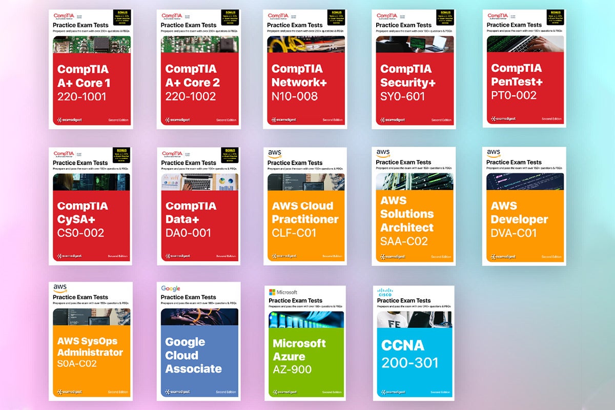 A series of IT certification books lined up on a pink and blue gradient background