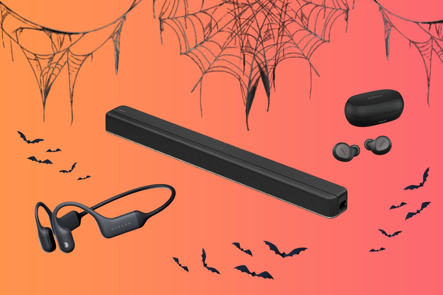 A pair of bone conduction headphones, a soundbar, and a pair of wireless earbuds on an orange background with spiderwebs and small bats