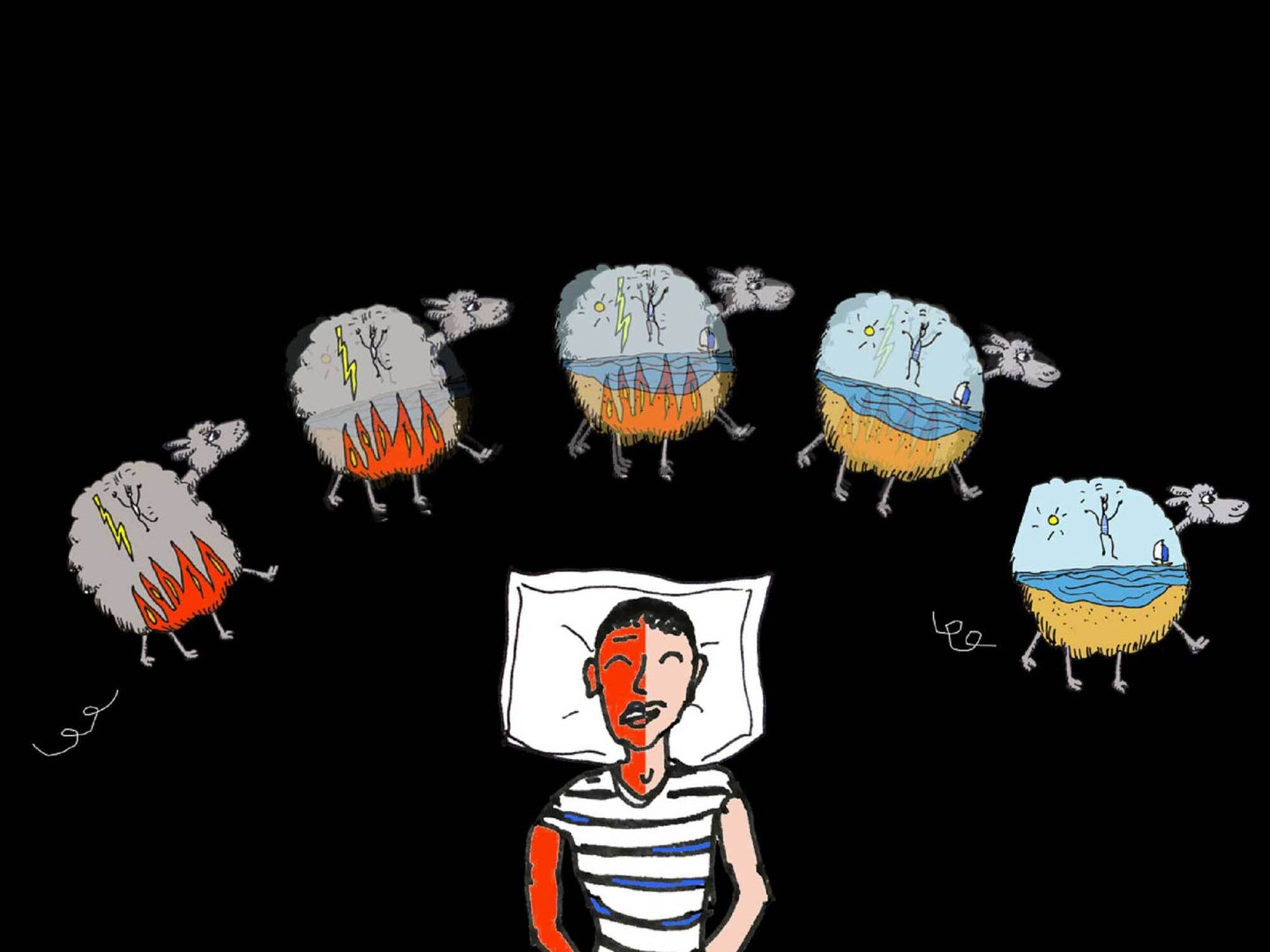 Sleeping person in striped counting sheep with nightmares in them as part of a sleep study illustration