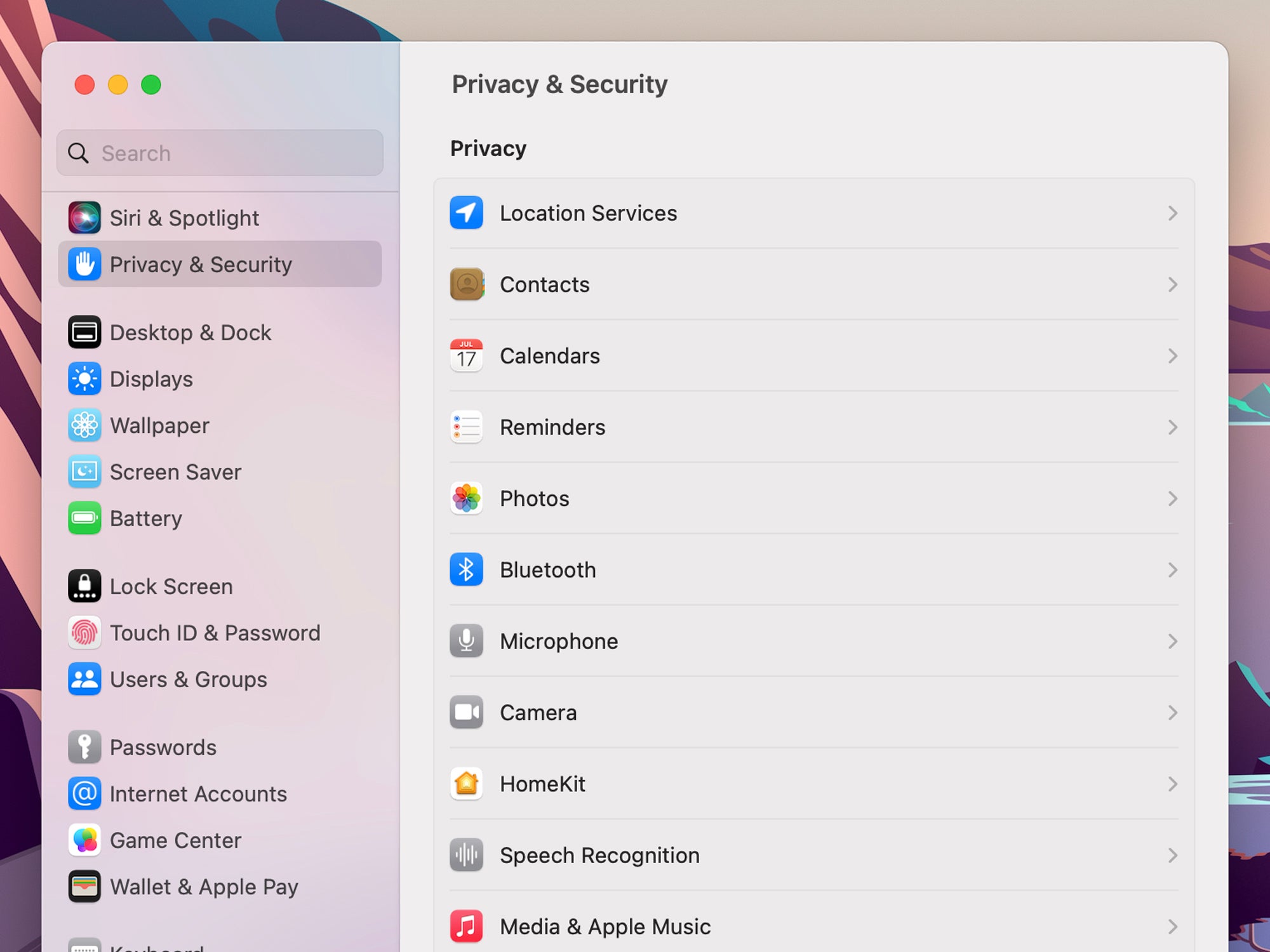 The macOS settings screen that allows you to manage app permissions.