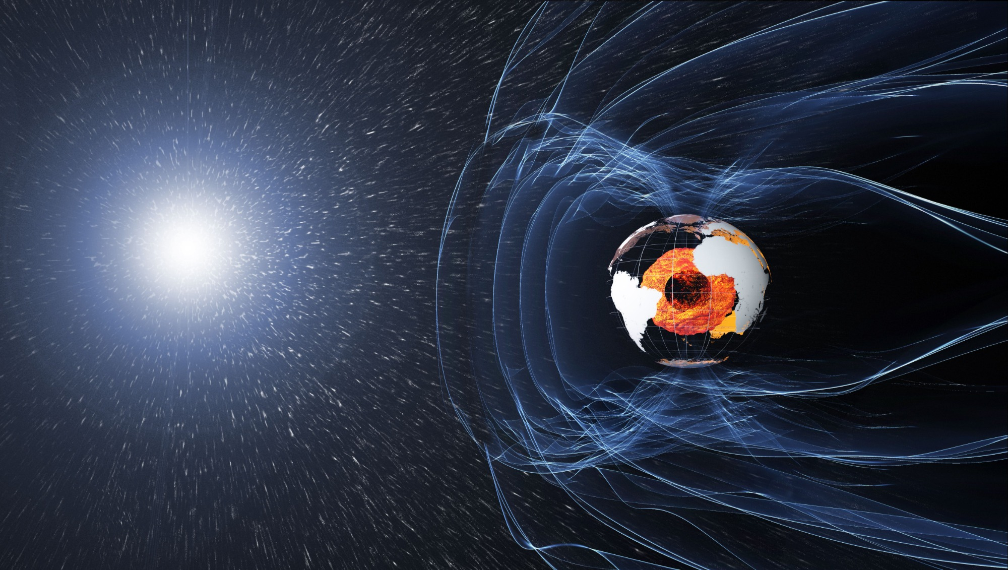 Earth's magnetic field in a black, red, and white illustration