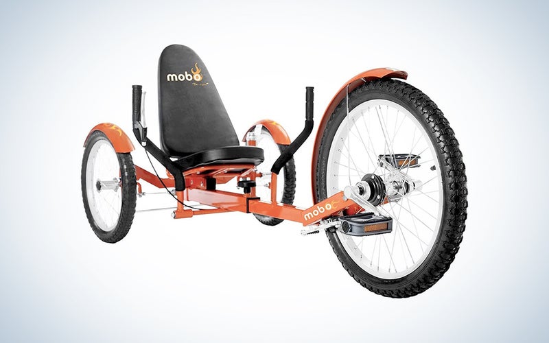 An orange mobo adult tricycle on a blue and white background