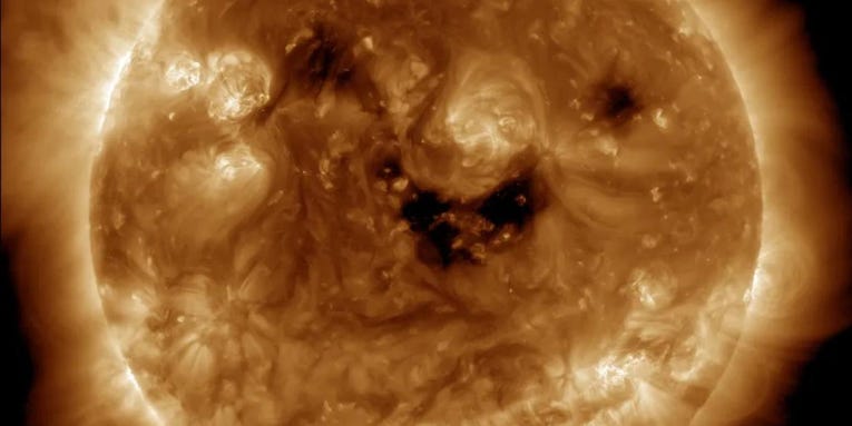 Just in time for Halloween, the sun looks like a jack-o’-lantern