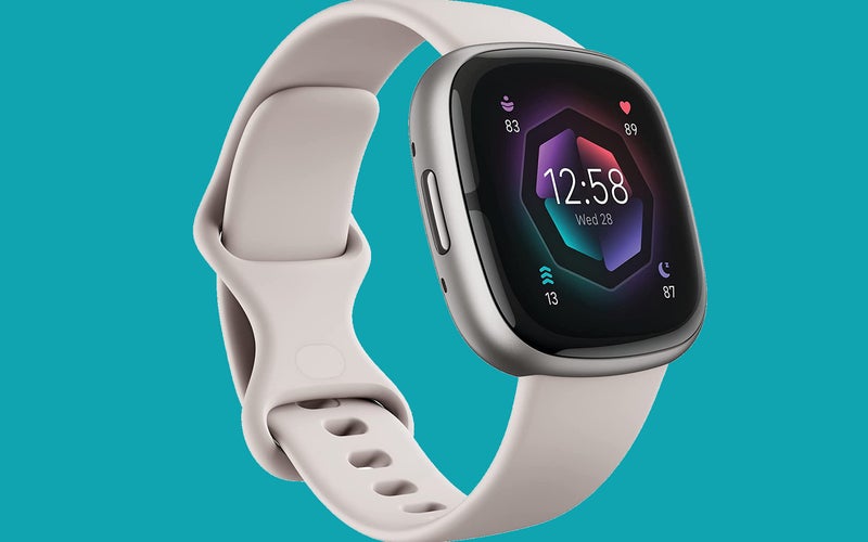 Fitbit Sense 2 on blue with beige band