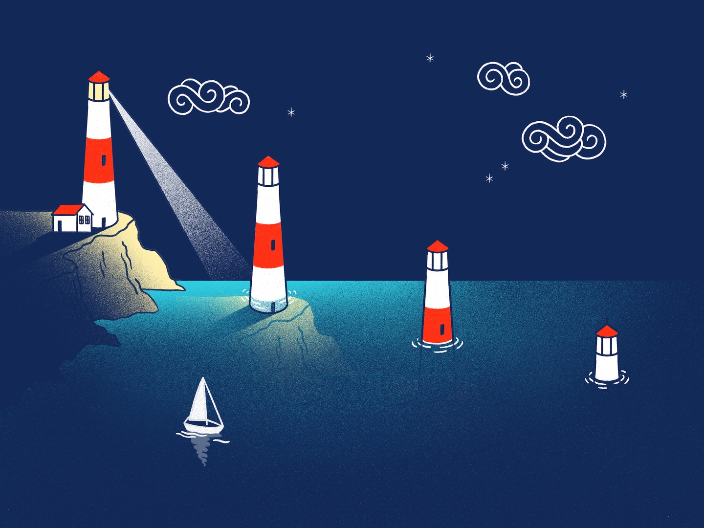 Red and white lighthouses being submerged by sea level rise. Illustration.