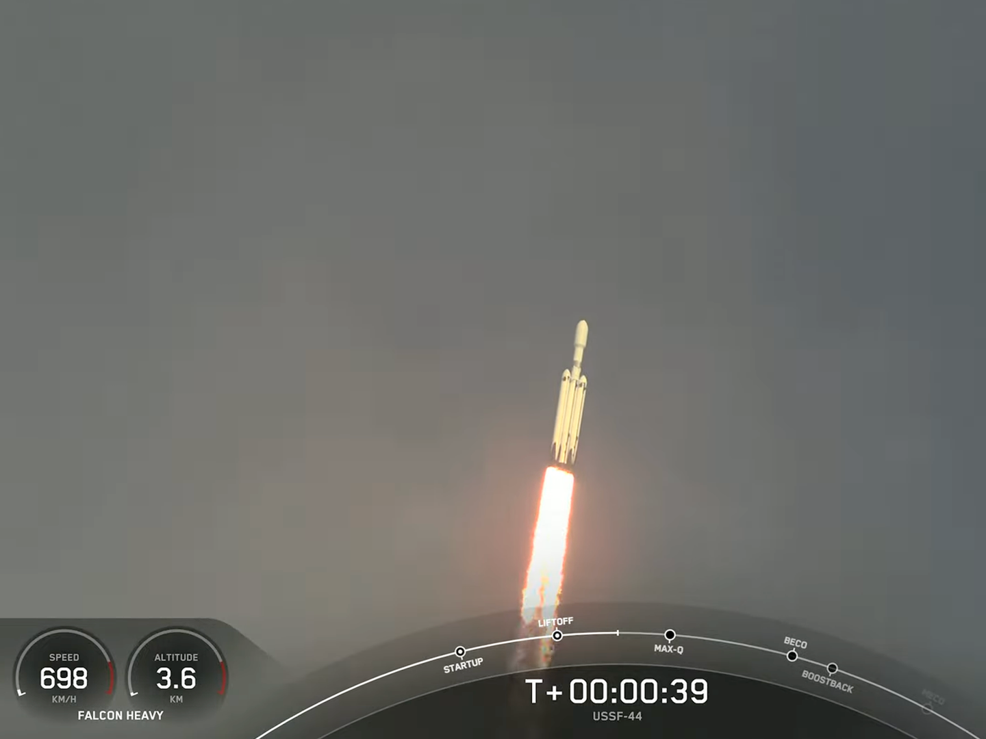 Falcon Heavy Space Force launch with timestamp, altitude, and speed readings.