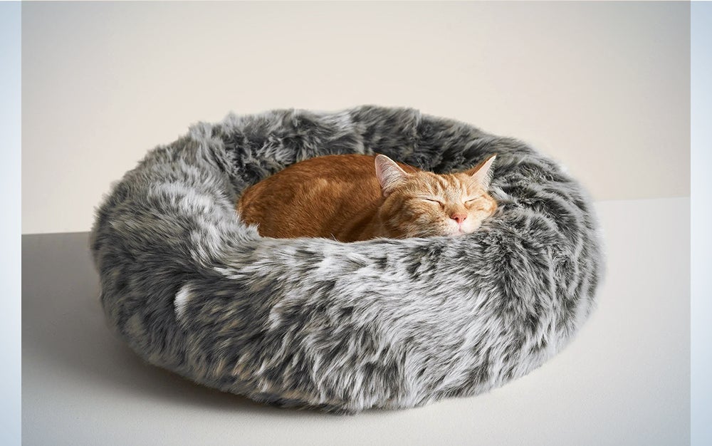An orange cat lays on a grey fuzzy cat bed