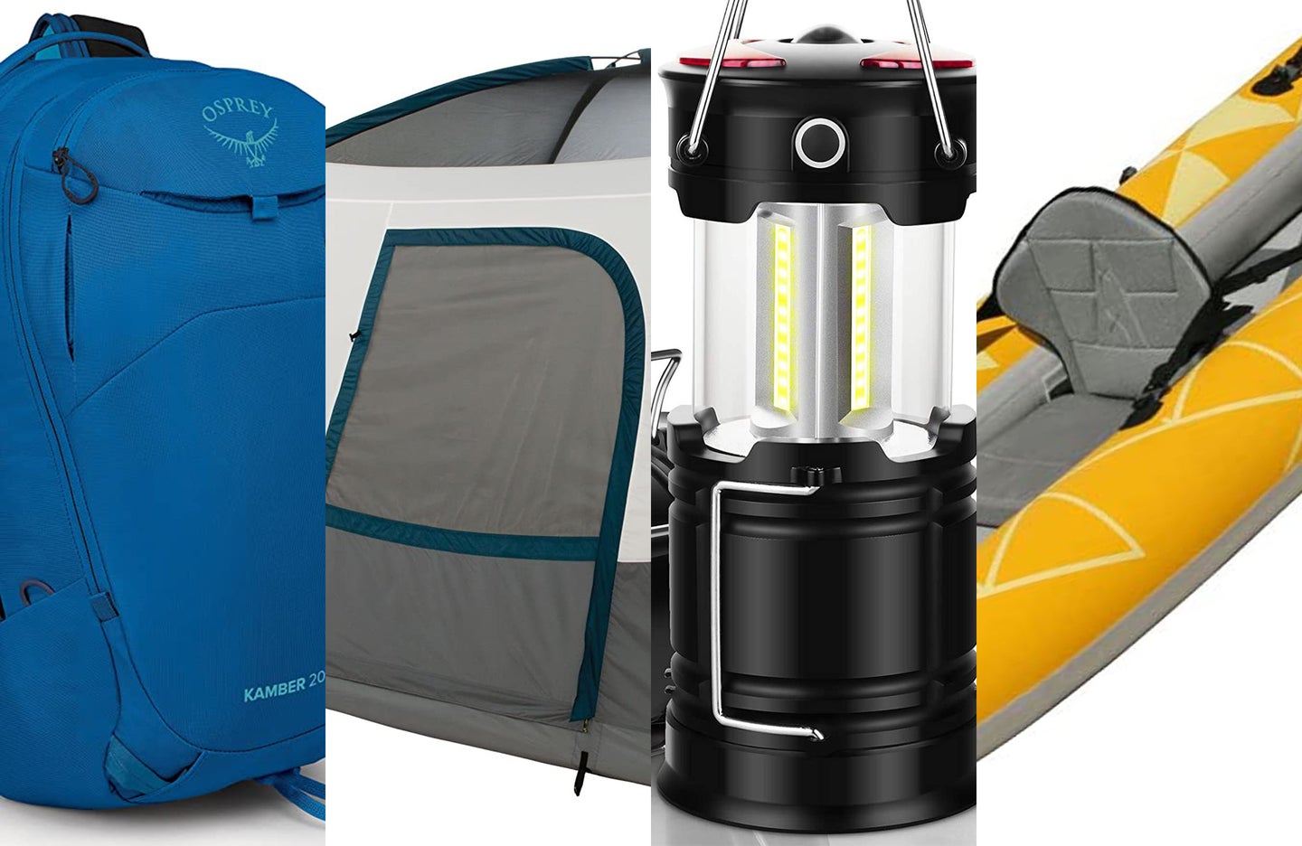 A lineup of camping gear on a blue and white background