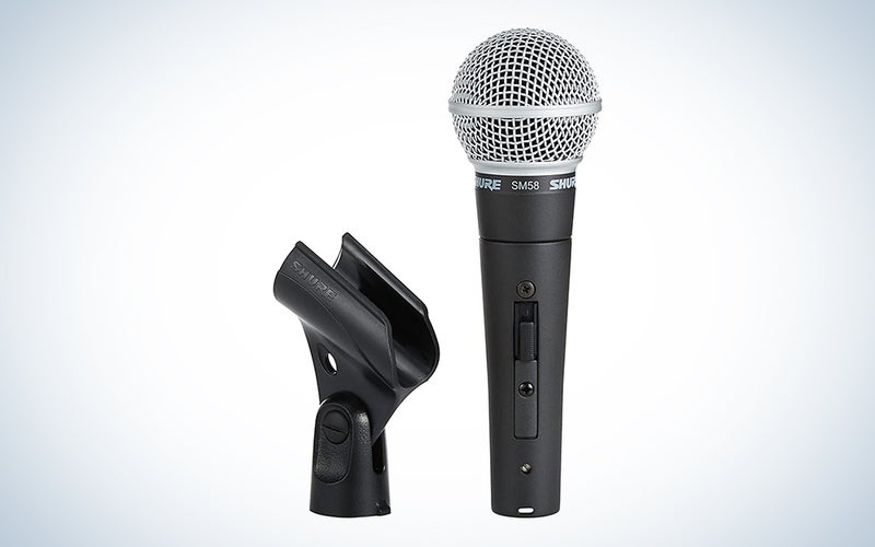 A Shure SM58 microphone on a blue and white gradient background