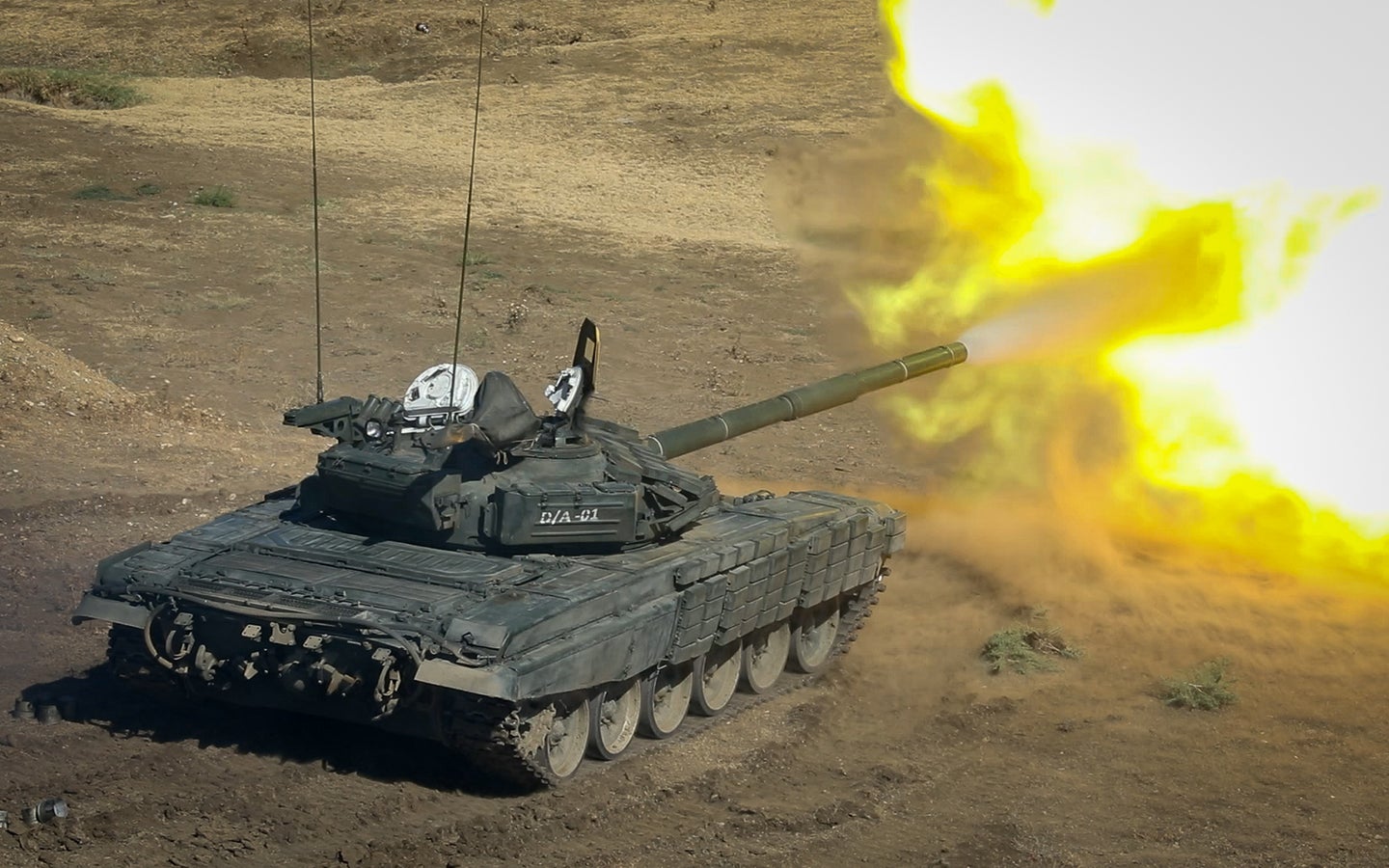 A T-72 tank in the nation of Georgia conducts a demonstration. 