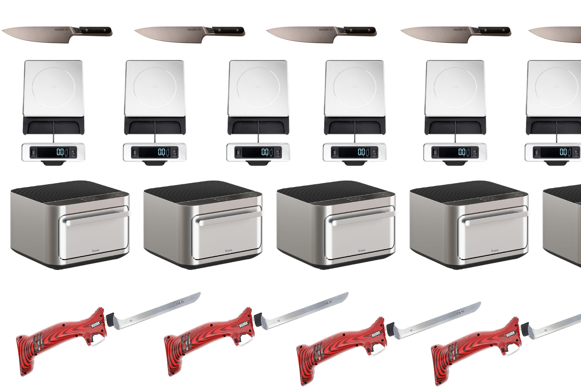 Four different kinds of kitchen gadgets on a plain background