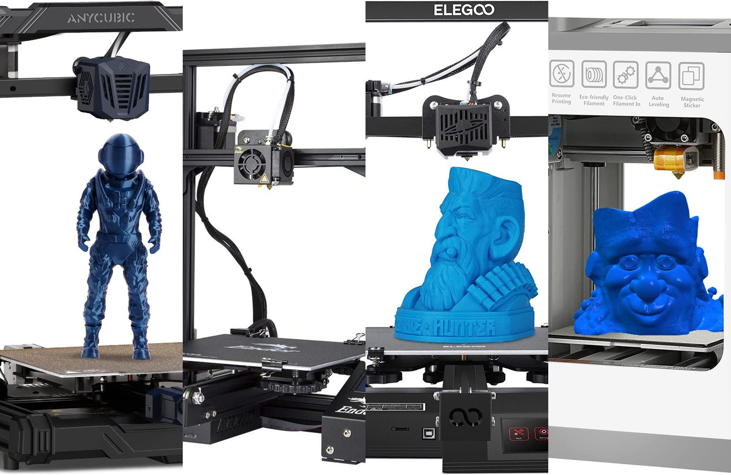 A lineup of 3D printers on a blue and white background