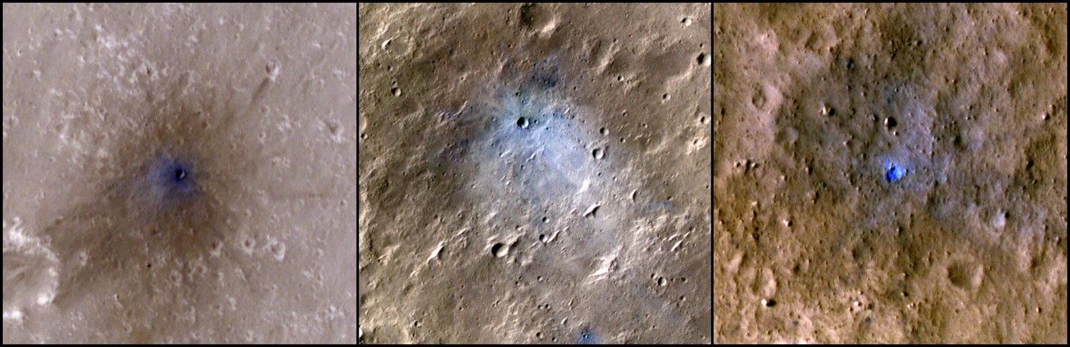 Un collage de tres imágenes del impacto de un meteorito en Marte