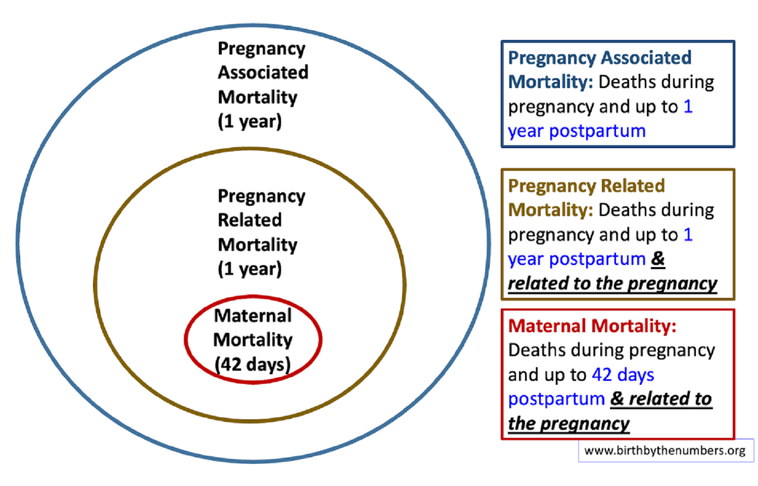 Maternal mortality graph showing three nested circles in blue, gold, and red