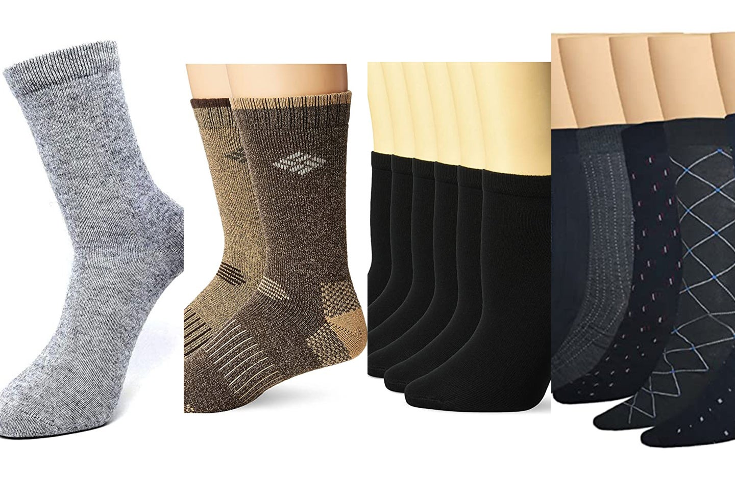 A lineup of socks on a white background