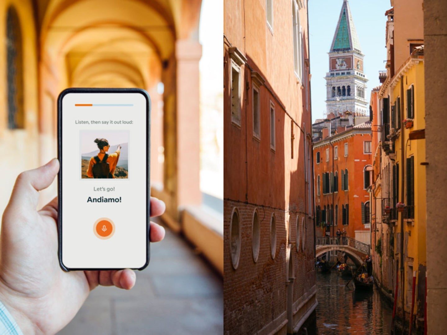 A person uses Babbel on their cellphone to tour Italy
