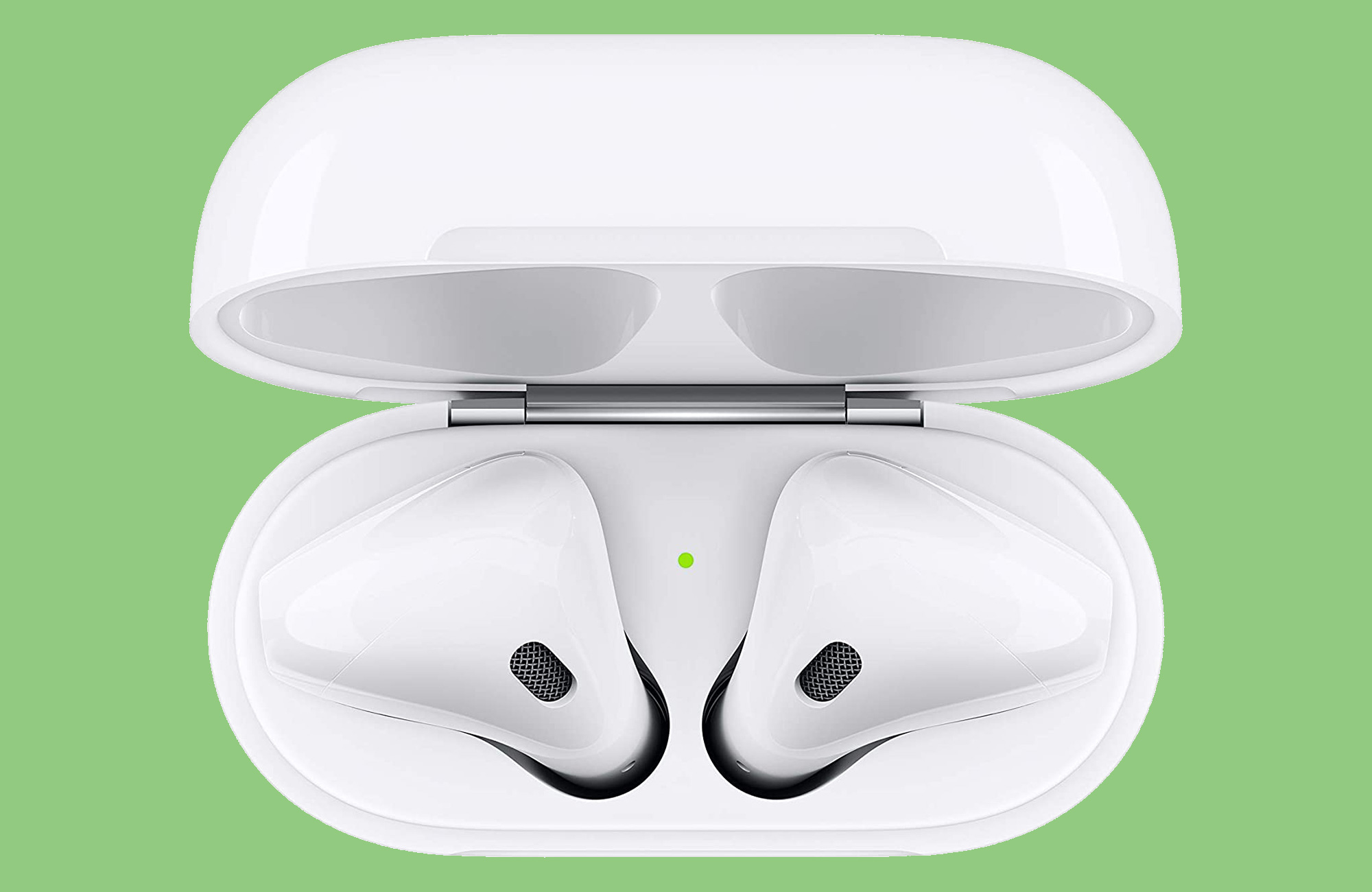 AirPods 2 in their case on a green background