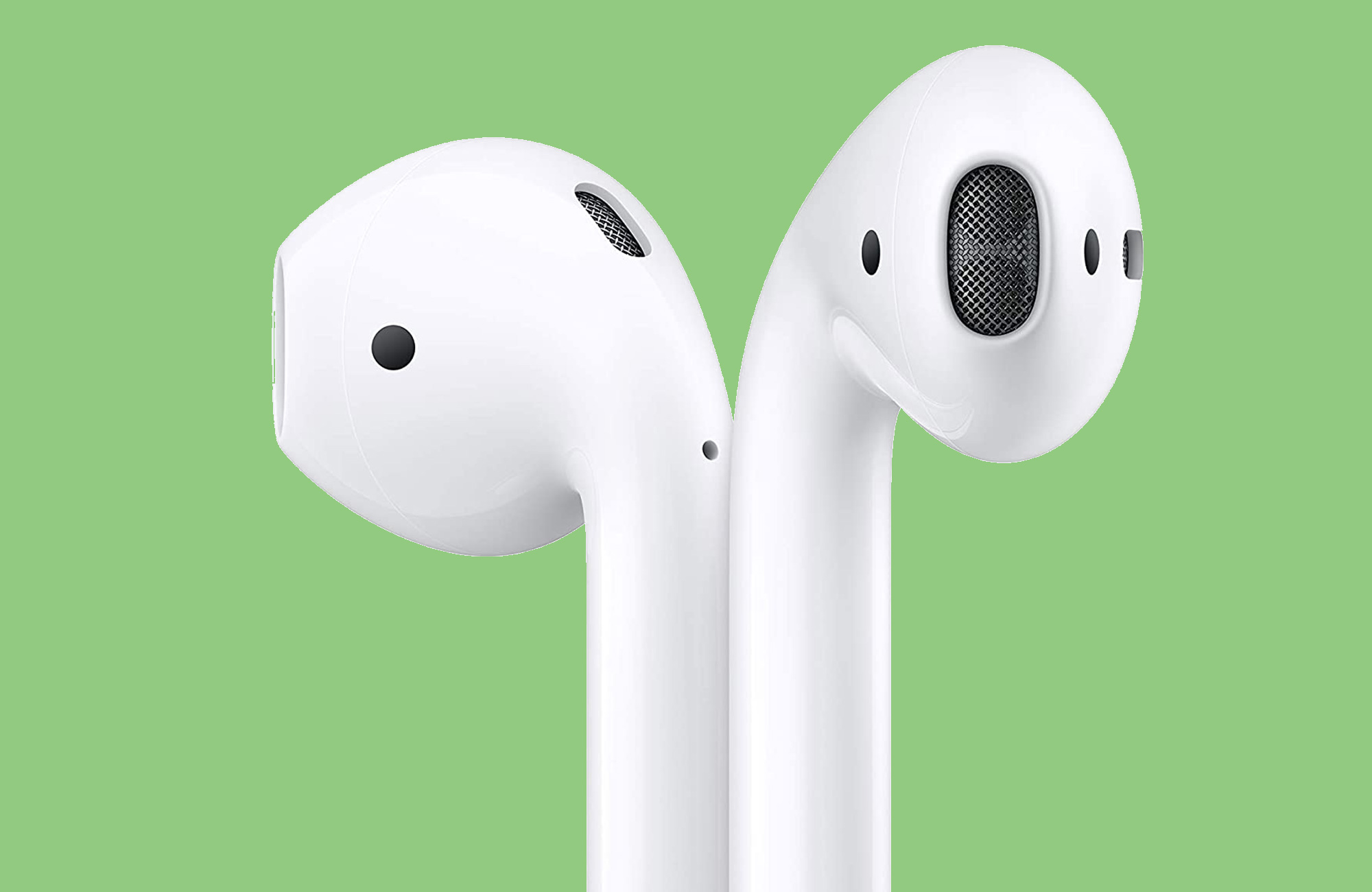 Apple AirPods pro 2 earbuds on a green background.