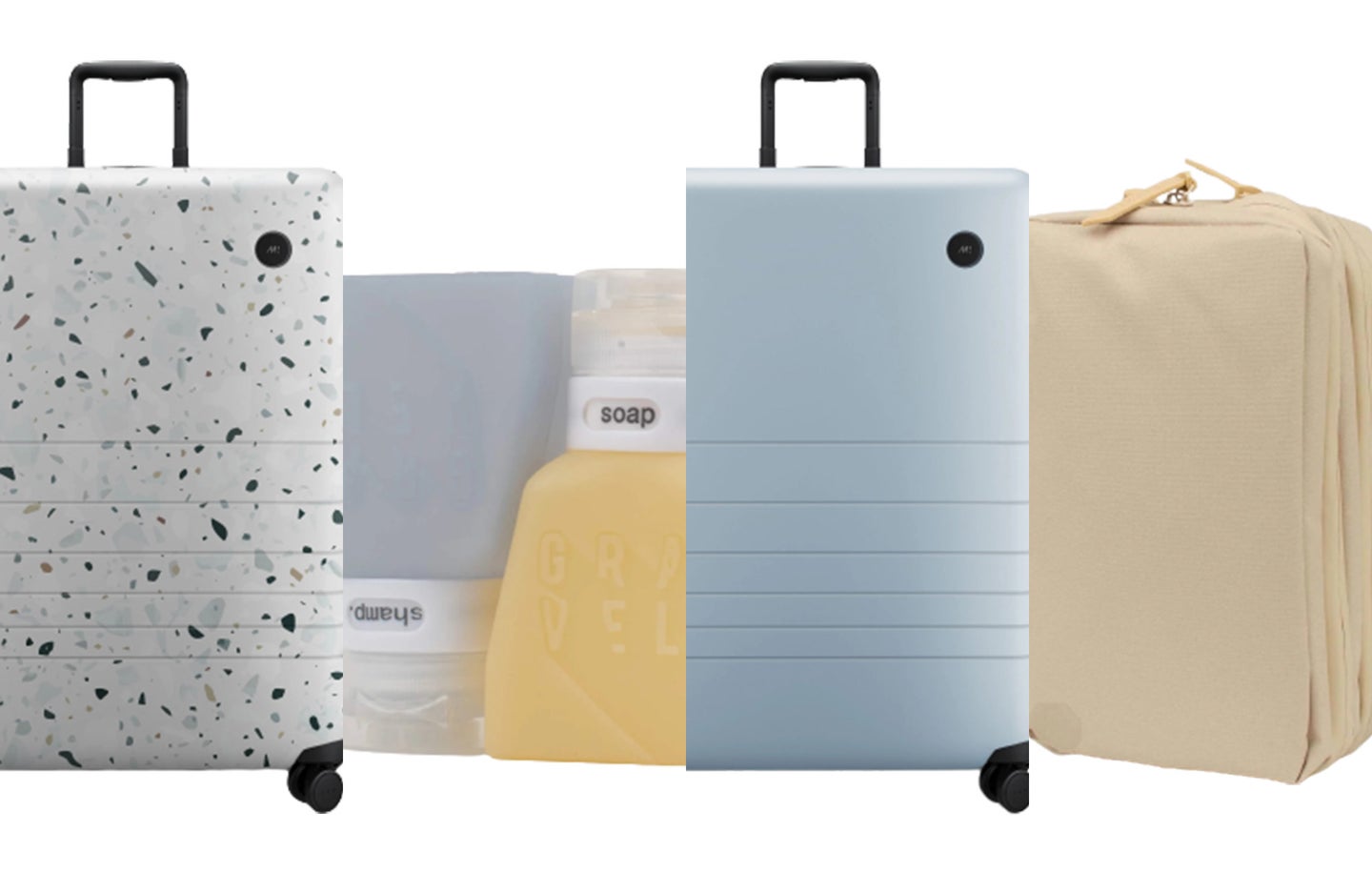 A lineup of luggage items on a white background