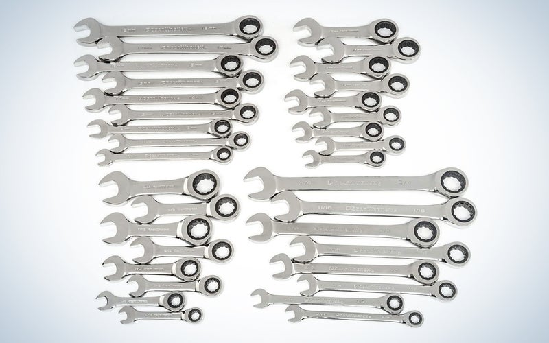 A set of tools on a blue and white background
