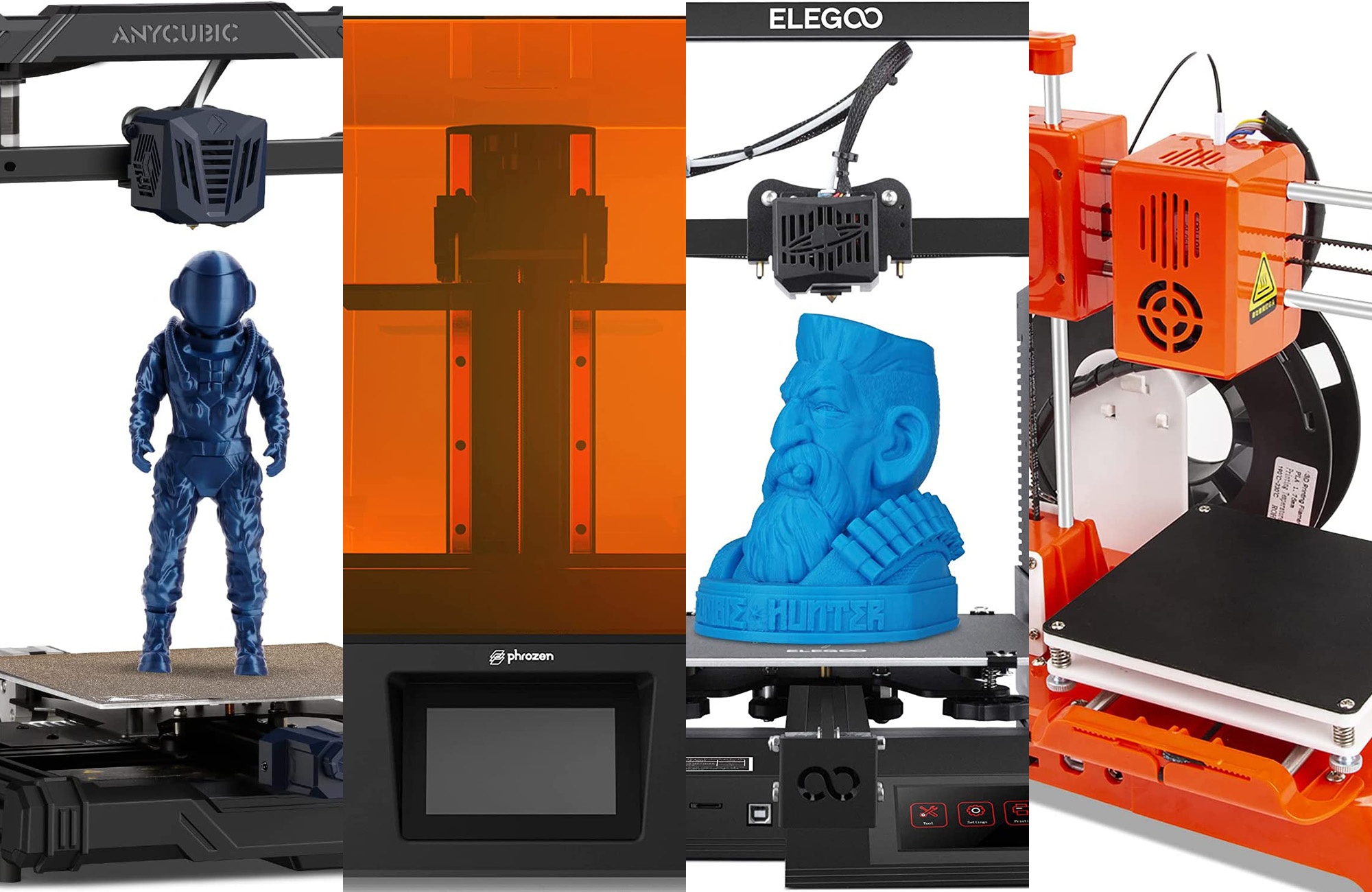 A lineup of 3D printers on a white background