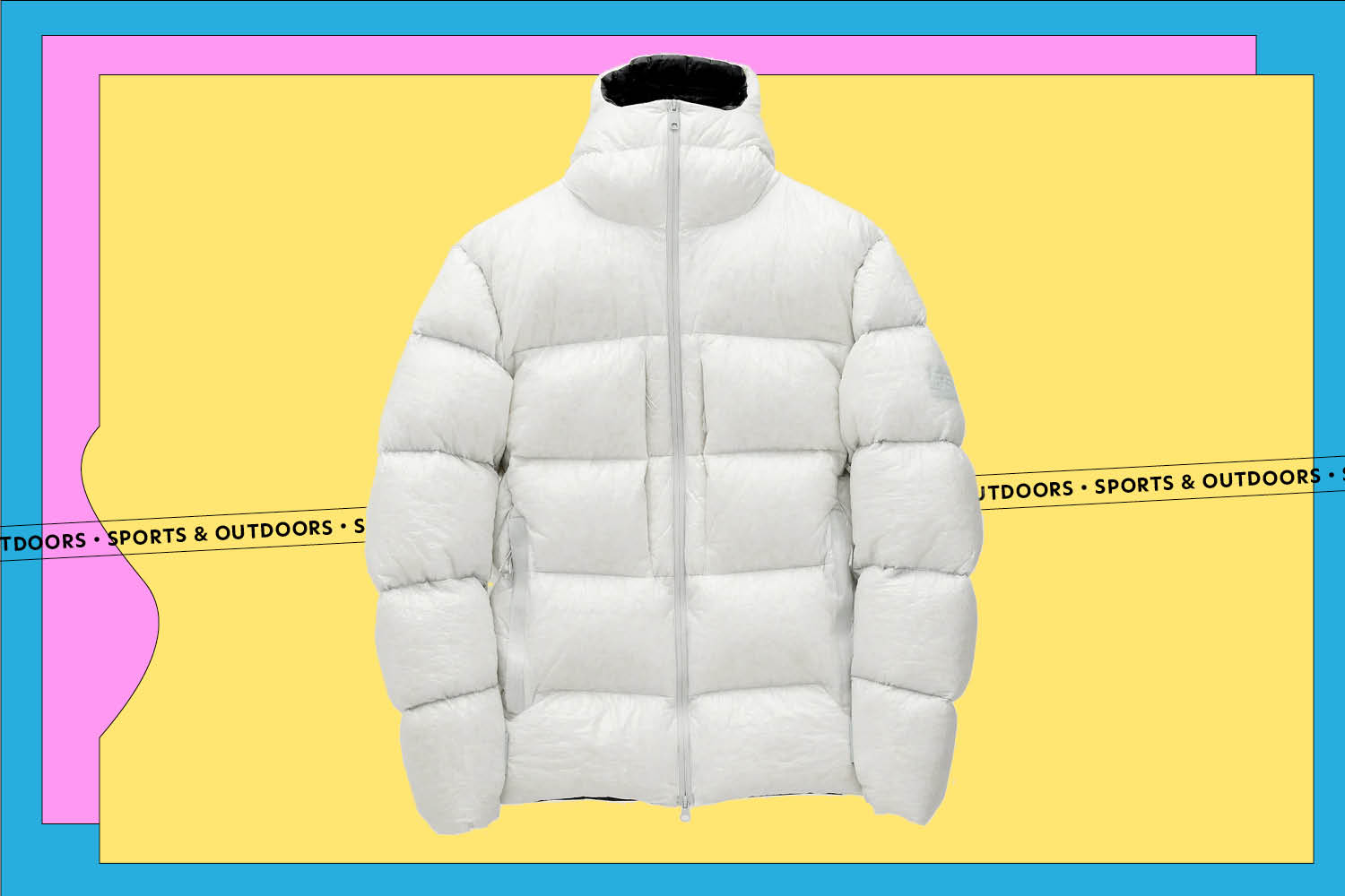 A white Foehn Dyneema down jacket on a yellow, pink, and blue background