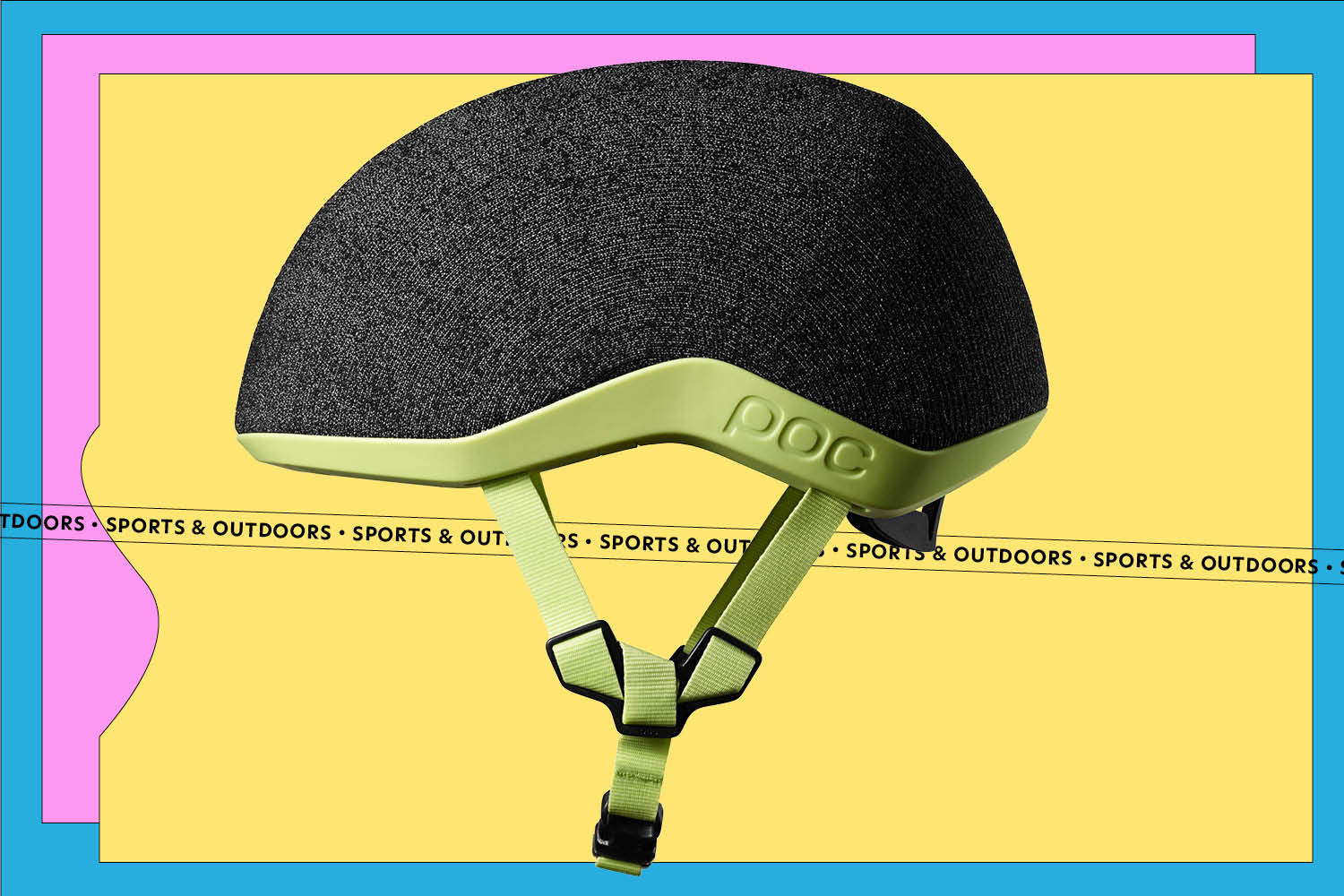 A green and gray POC Myelin helmet on a yellow, pink, and blue background