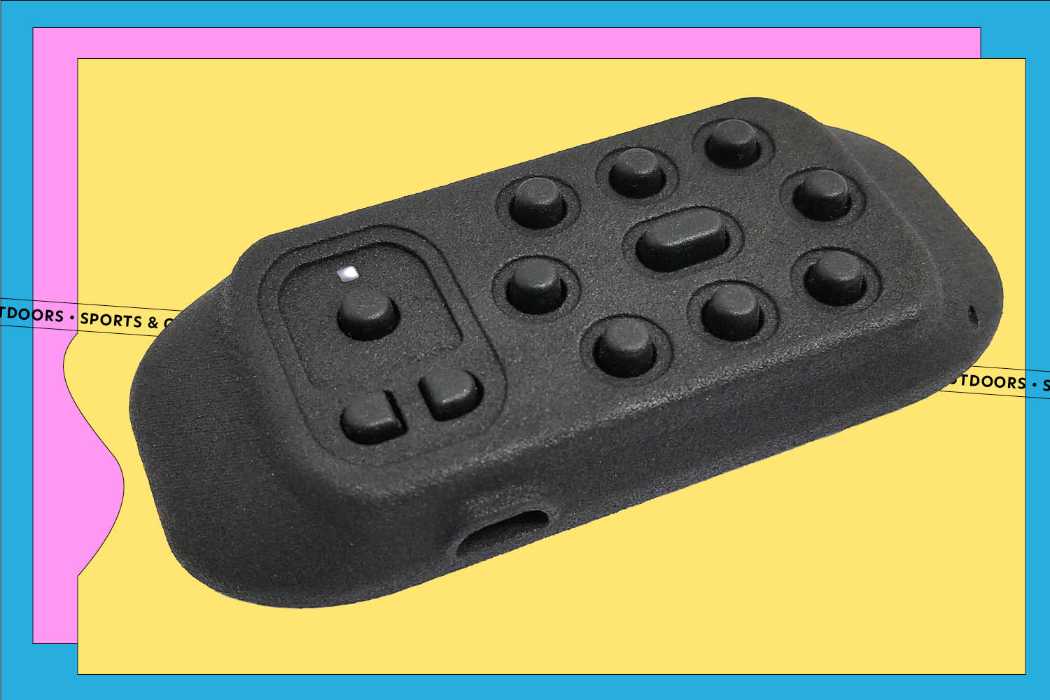A black PitchCom remote on a yellow, pink, and blue background