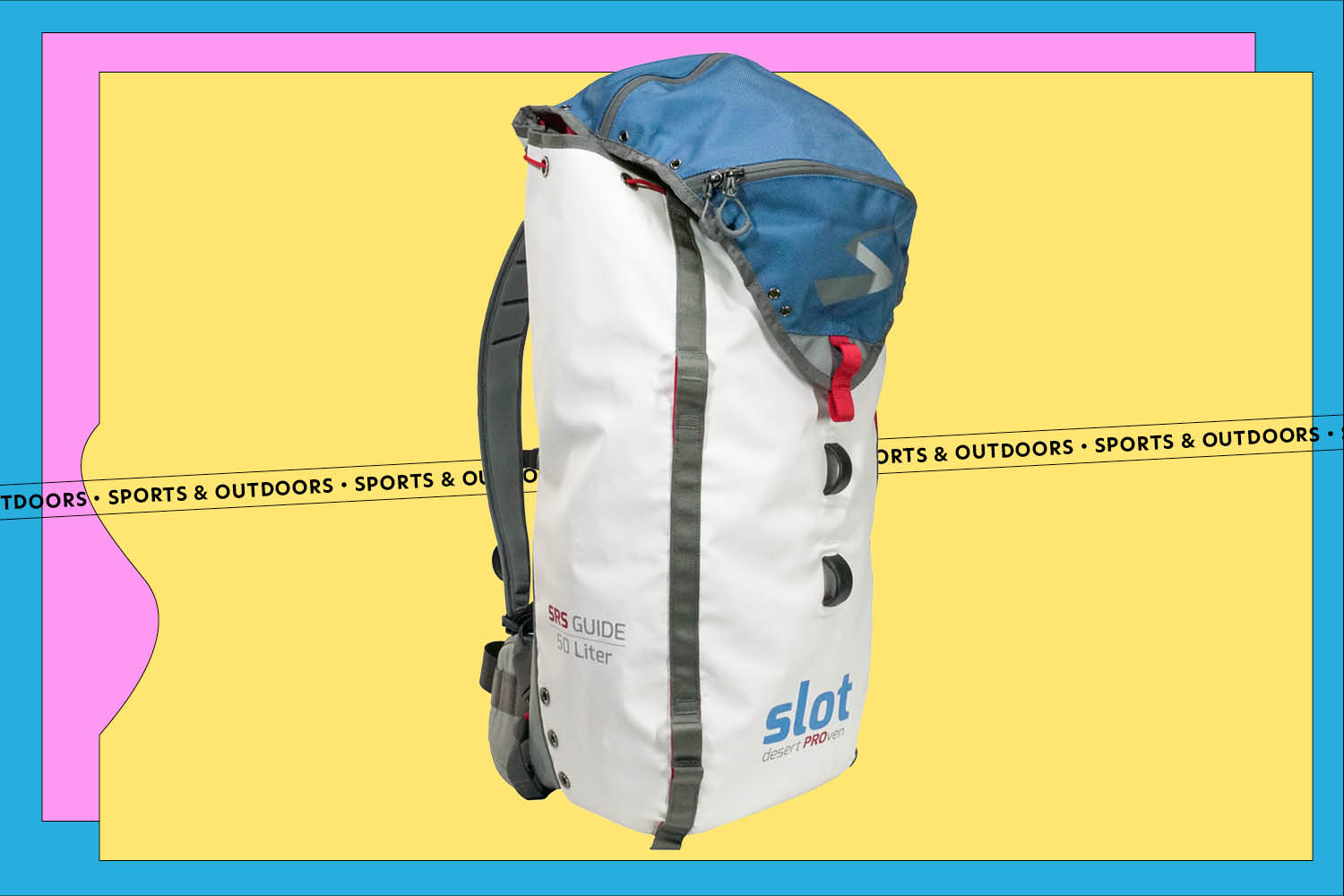 A Slot Canyon backpack on a yellow, pink, and blue background