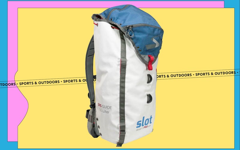 A Slot Canyon backpack on a yellow, pink, and blue background