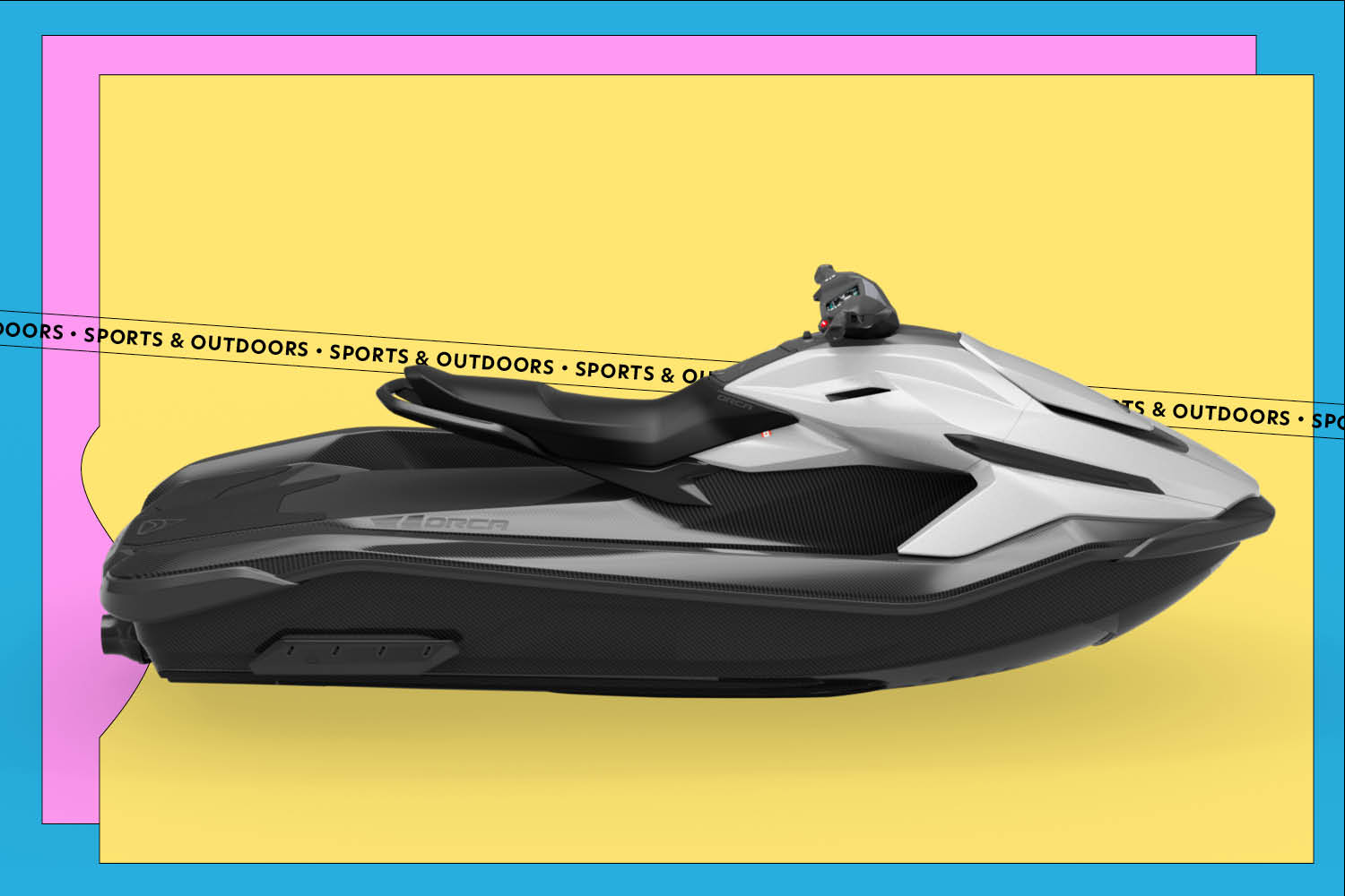 A Taiga Orca Carbon electric personal watercraft on a yellow, pink, and blue background