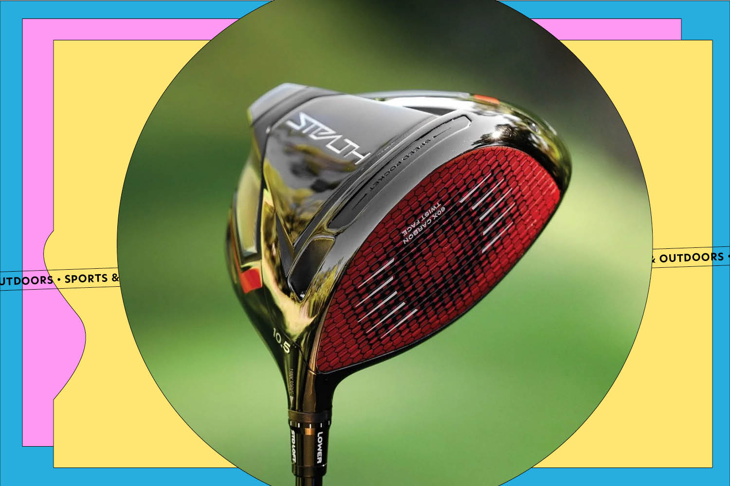A TaylorMade Stealth Driver on a yellow, blue, and pink background