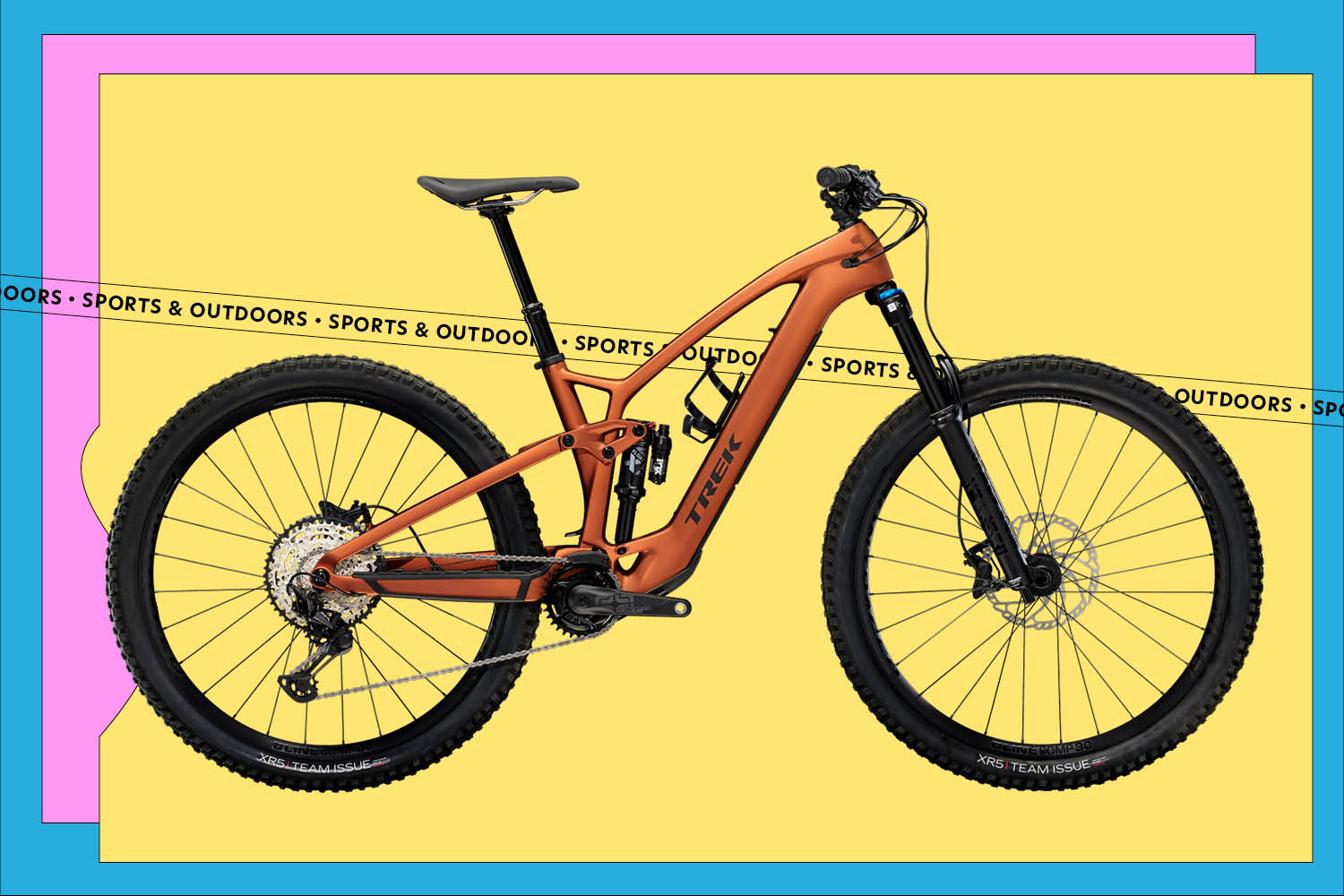 A Trek Fuel EXe on a yellow, pink, and blue background