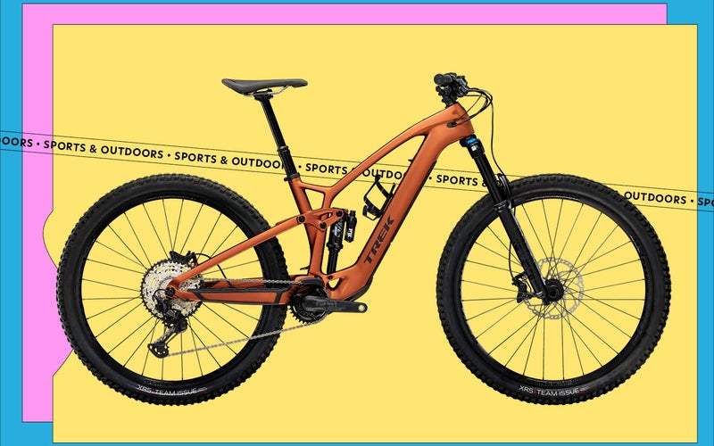 A Trek Fuel EXe on a yellow, pink, and blue background
