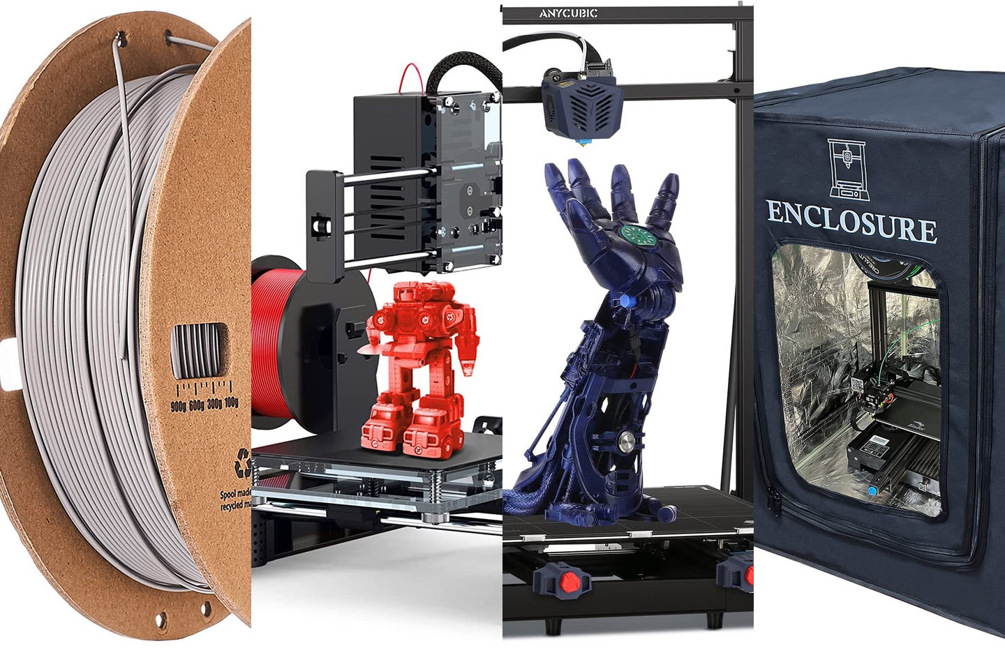A lineup of 3D printers and materials on a white background