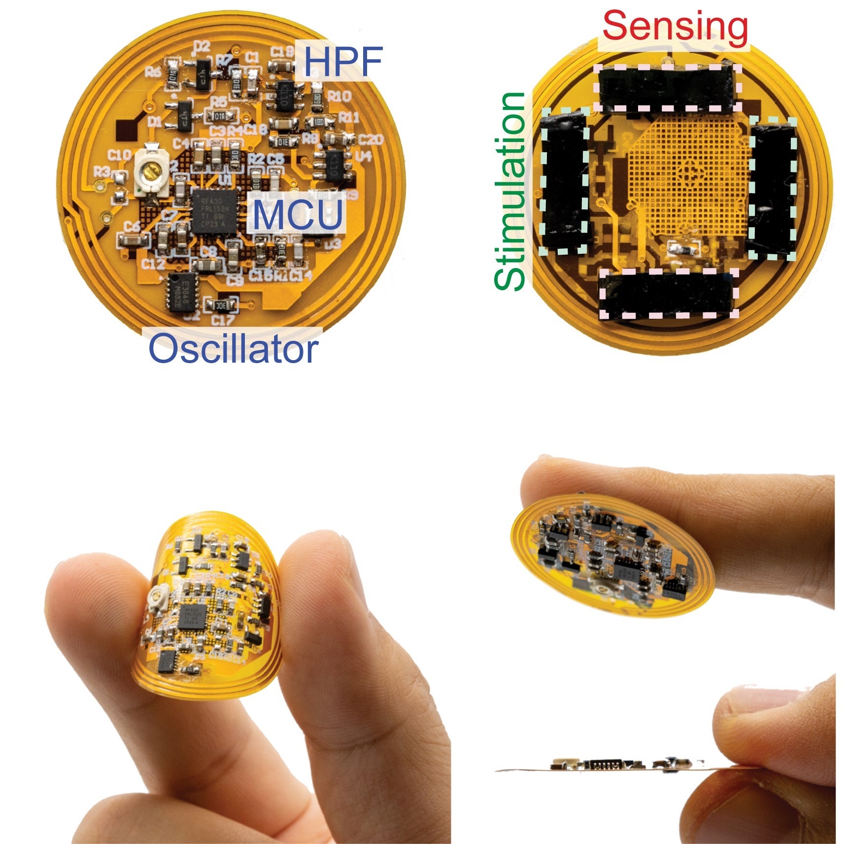Photographs of the smart bandage showing the microcontroller unit (MCU), crystal oscillator, high-pass filter (HPF), stimulation and sensing electrodes, flexibility of the printed circuit board, adhesion of the hydrogel interface to skin, and thin layout of the board.