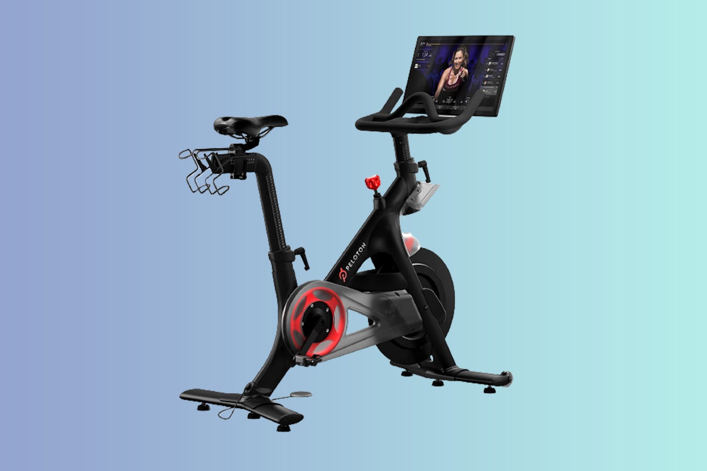 A Peloton bike that's $300-off for Cyber Monday on a blue gradient background