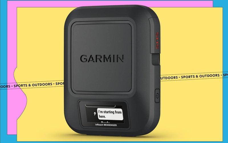 The Garmin inReach Messenger on a yellow, pink, and blue background